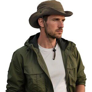 Men's Brown 100% Nylon Wide Brim Boonie With Chin Strap Classic Cowboy Felt Hat